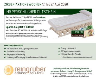 Preview: Relax2000 ZIRBEN-AKTIONSWOCHE 17.-27 April 2026