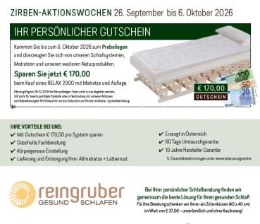 Preview: Relax2000 ZIRBEN-AKTIONSWOCHE 26.9. - 6.10. 2026